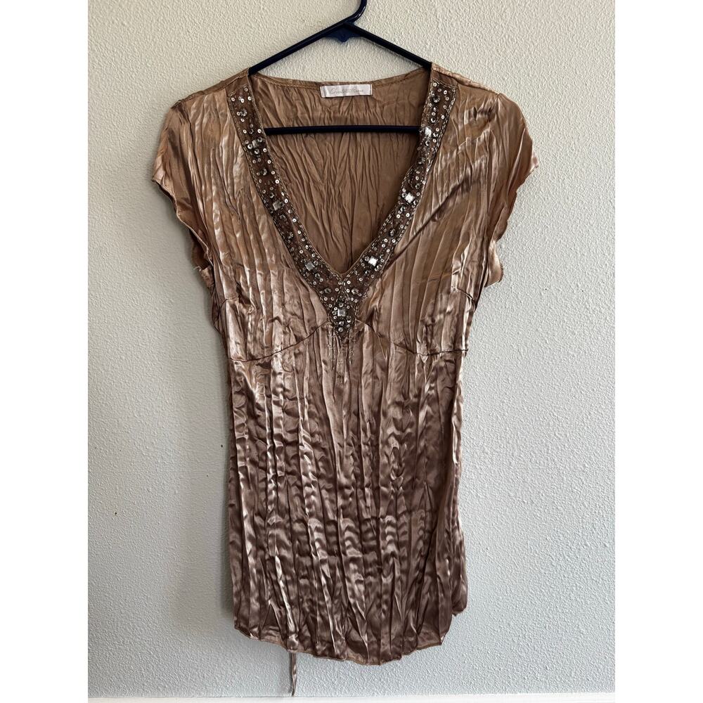 Y2K Charlotte Russe Crinkle Cap Sleeve Gold Sequined Top Size M